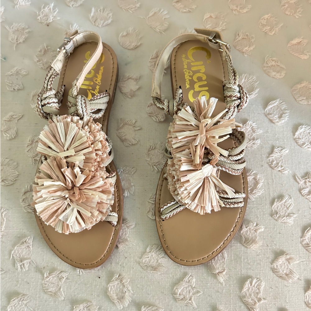 Sam Edelman Bice Pom Pom Tassel Flat Sandal with Ankle Strap Tan Cream Pink 7